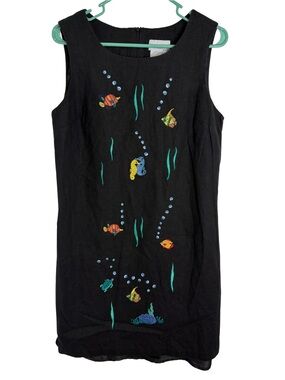 3/$20 Ultra Dress Linen Blend Black Sleeveless Embroidered Fish Dress Size 12